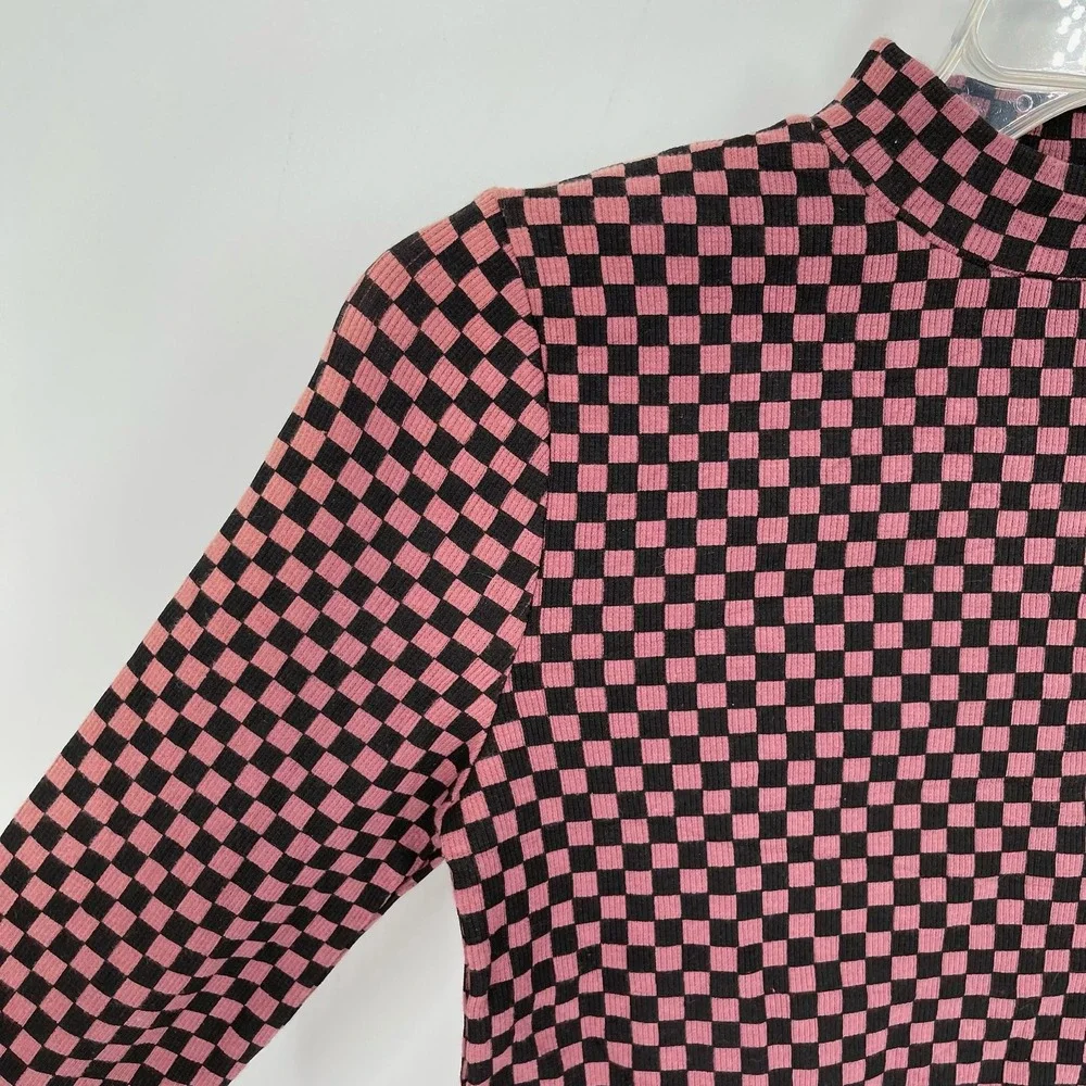 Pixie Label NWT Girl's Black Mauve Checkered Mock Neck Long Sleeve Top Size 14Y